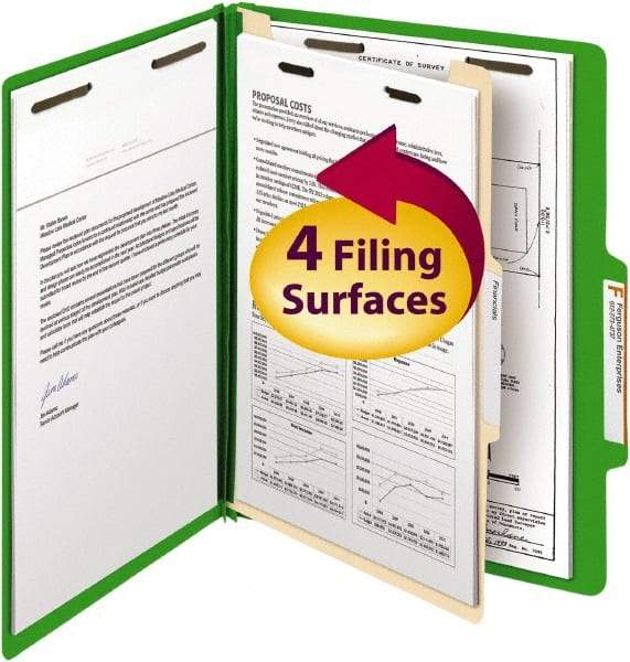 SMEAD - 8-1/2 x 11", Letter Size, Green, Classification Folders with Top Tab Fastener - 14 Point Stock, Right of Center Tab Cut Location - Industrial Tool & Supply