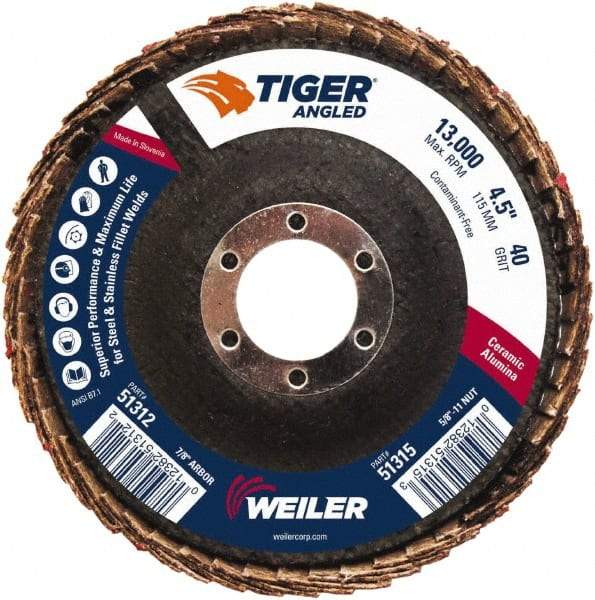Weiler - 40 Grit, 4-1/2" Disc Diam, 7/8" Center Hole, Type 27 Ceramic Alumina Flap Disc - 13,000 Max RPM, Phenolic Backing, Arbor Attaching System, Coated - Industrial Tool & Supply