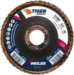 Weiler - 40 Grit, 4-1/2" Disc Diam, 7/8" Center Hole, Type 27 Ceramic Alumina Flap Disc - 13,000 Max RPM, Phenolic Backing, Arbor Attaching System, Coated - Industrial Tool & Supply