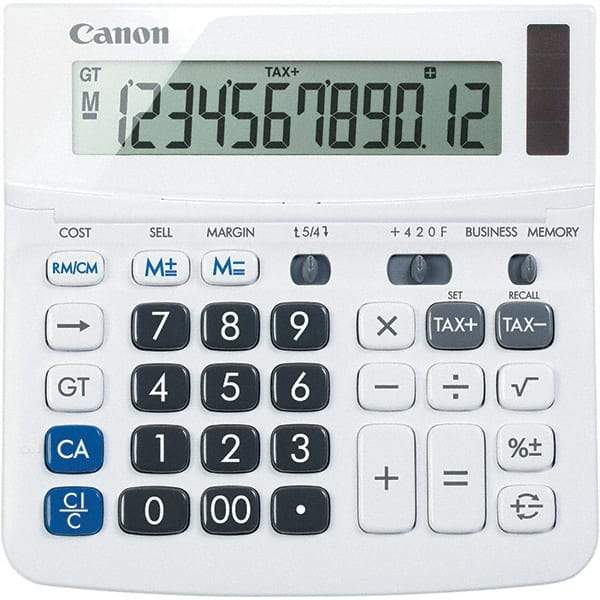 Canon - 12-Digit LCD 12 Function Portable Calculator - 6-1/2 x 6 x 1-1/4 Display Size, White, Solar & Battery Powered - Industrial Tool & Supply