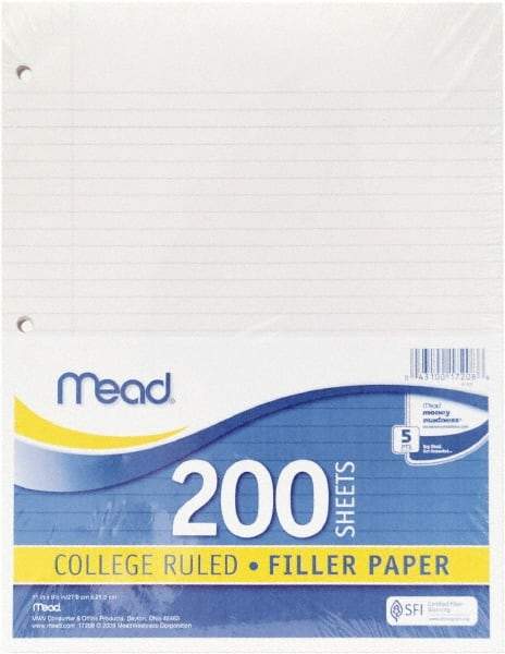 Mead - 200 Sheet, 8-1/2 x 11", College Ruled Filler Paper - White - Industrial Tool & Supply