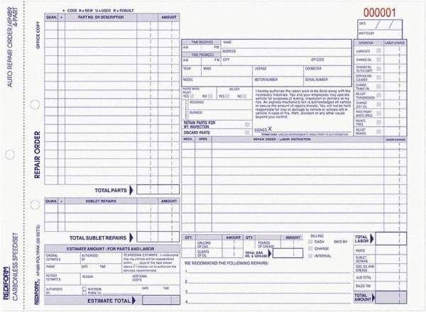 REDIFORM - 50 Sheet, 8-1/2 x 11", Auto Repair Form - White & Blue - Industrial Tool & Supply