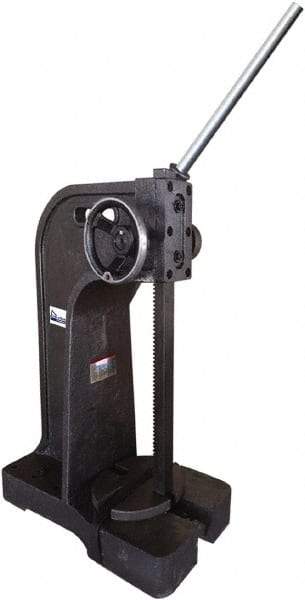 Gibraltar - 1-1/4" Ram, 6-1/4" Throat Depth, 3 Ton Manual Arbor Press - 17-1/2" Max Work Height x 20-1/2" Max Work Width, Ratchet Leverage, 20:1 Leverage Ratio, 22-1/4" Base Width x 10" Base Depth - Industrial Tool & Supply