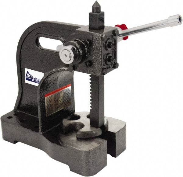 Gibraltar - 1-1/2" Ram, 5-1/4" Throat Depth, 3 Ton Manual Arbor Press - 12-1/2" Max Work Height x 16-1/2" Max Work Width, Single Leverage, 20:1 Leverage Ratio, 8-1/2" Base Width x 10" Base Depth - Industrial Tool & Supply