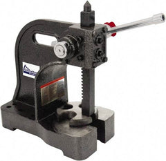Gibraltar - 1-1/2" Ram, 5-1/4" Throat Depth, 3 Ton Manual Arbor Press - 12-1/2" Max Work Height x 16-1/2" Max Work Width, Single Leverage, 20:1 Leverage Ratio, 8-1/2" Base Width x 10" Base Depth - Industrial Tool & Supply