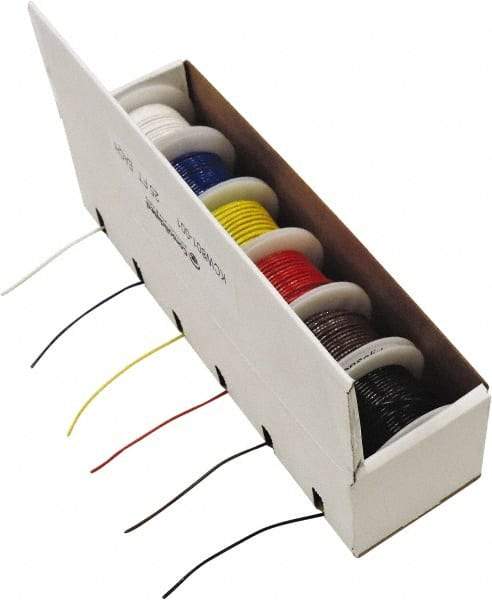 Made in USA - 24 AWG, 7 Strand, 100' OAL, Tinned Copper Hook Up Wire - Black, White, Red, Green, Blue & Yellow PVC Jacket - Industrial Tool & Supply