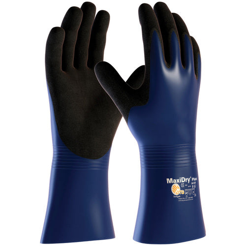 ‎56-530/M Coated Supported Gloves - MaxiDry Plus - Nylon/Lycra Liner - Blue/Black Nitrile - Full Coat - 12 In. - Exact Industrial Supply