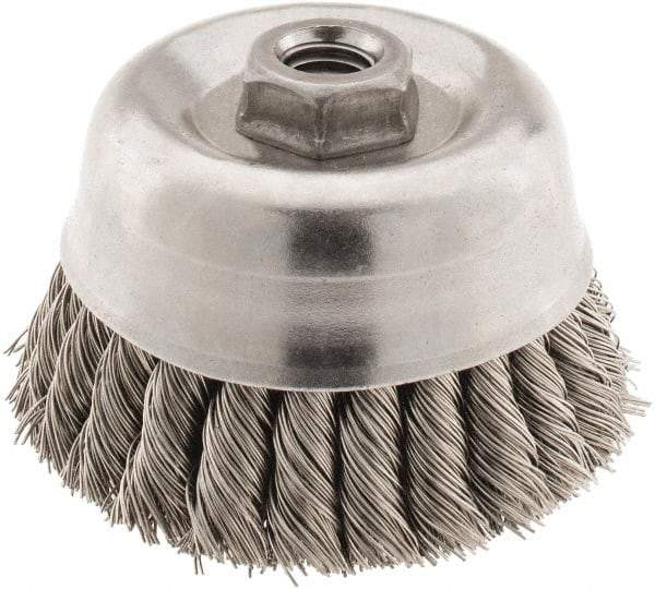 Osborn - 4" Diam, 5/8-11 Threaded Arbor, Stainless Steel Fill Cup Brush - 0.02 Wire Diam, 1-1/4" Trim Length, 6,000 Max RPM - Industrial Tool & Supply