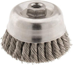 Osborn - 4" Diam, 5/8-11 Threaded Arbor, Stainless Steel Fill Cup Brush - 0.02 Wire Diam, 1-1/4" Trim Length, 6,000 Max RPM - Industrial Tool & Supply
