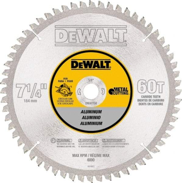 DeWALT - 7-1/4" Diam, 5/8" Arbor Hole Diam, 60 Tooth Wet & Dry Cut Saw Blade - High Speed Steel, Crosscut Action, Standard Round Arbor - Industrial Tool & Supply