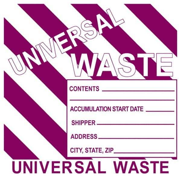 NMC - Universal Label - Legend: Universal Waste Contents______ Accumulation Start Date_____ Shipper_____ Address____ City, State, Zip____, English, Purple, 6" Long x 6" High, Sign Muscle Finish - Industrial Tool & Supply