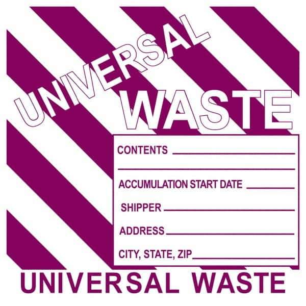 NMC - Universal Label - Legend: Universal Waste Contents______ Accumulation Start Date_____ Shipper_____ Address____ City, State, Zip____, English, Purple, 6" Long x 6" High, Sign Muscle Finish - Industrial Tool & Supply