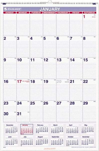 AT-A-GLANCE - 12 Sheet, 20 x 30", Wall Calendar - Blue & Red - Industrial Tool & Supply
