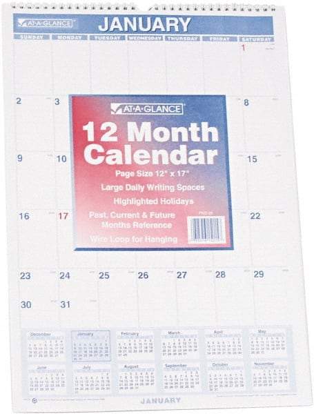 AT-A-GLANCE - 12 Sheet, 12 x 17", Planner Wall Calendar - Blue & Red - Industrial Tool & Supply