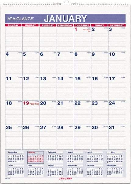 AT-A-GLANCE - 12 Sheet, 8" x 11", Wall Calendar - Blue & Red - Industrial Tool & Supply
