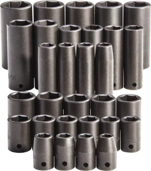 Proto - 30 Piece 1/2" Drive Full Polish Finish Impact Socket Set - 6 Points, 1-1/4" to 1-1/4" (10mm to 24mm) Range, Inch/Metric Measurement Standard - Industrial Tool & Supply