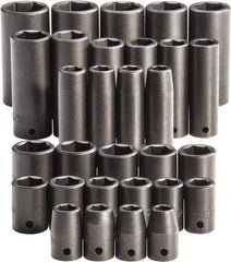 Proto - 30 Piece 1/2" Drive Full Polish Finish Impact Socket Set - 6 Points, 1-1/4" to 1-1/4" (10mm to 24mm) Range, Inch/Metric Measurement Standard - Industrial Tool & Supply