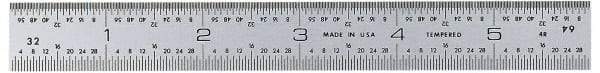 General - 6" Long, 1/64, 1/32, 1/16, 1/8" Graduation, Rigid Steel Rule - 4R Graduation Style, 3/4" Wide, Silver, Satin Chrome Finish - Industrial Tool & Supply