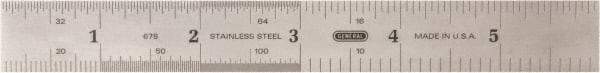 General - 6" Long, 1/100, 1/64, 1/50, 1/32, 1/20, 1/16, 1/10, 1/8" and 0.5, 1mm Graduation, Rigid Stainless Steel Rule - 4R & English/Metric Graduation Style, 3/4" Wide, Silver, Polished Finish - Industrial Tool & Supply