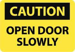 NMC - Caution - Open Door Slowly, Aluminum Fire and Exit Sign - 14" Wide x 10" High - Industrial Tool & Supply