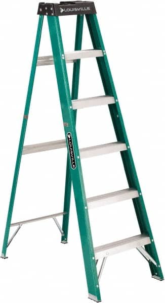 Louisville - 5 Steps, 6' High, Type II Rating, Fiberglass Step Ladder - Industrial Tool & Supply