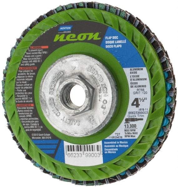 Norton - 120 Grit, 4-1/2" Disc Diam, 5/8-11 Center Hole, Type 27 Ceramic Alumina Flap Disc - 13,300 Max RPM, Polyester Backing, Arbor Attaching System, Coated - Industrial Tool & Supply
