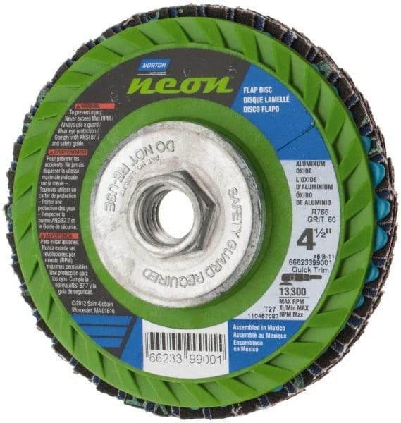 Norton - 60 Grit, 4-1/2" Disc Diam, 5/8-11 Center Hole, Type 27 Ceramic Alumina Flap Disc - 13,300 Max RPM, Polyester Backing, Arbor Attaching System, Coated - Industrial Tool & Supply