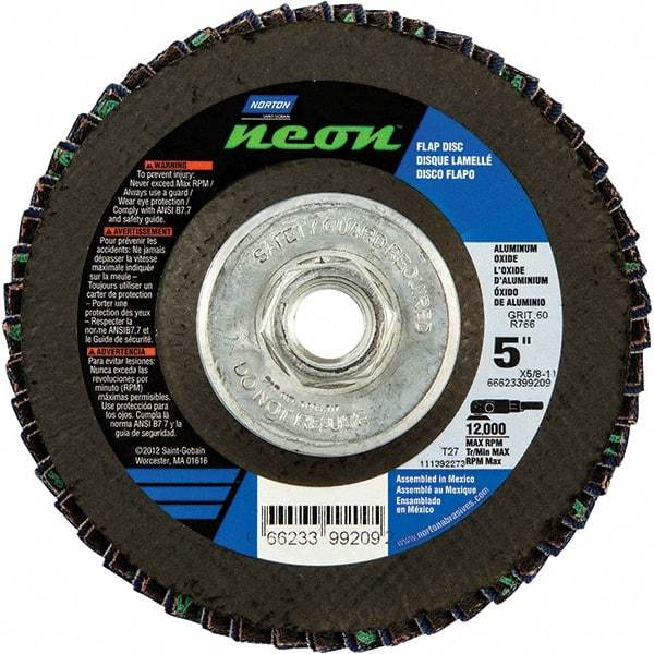 Norton - 40 Grit, 5" Disc Diam, 5/8-11 Center Hole, Type 27 Ceramic Alumina Flap Disc - 12,000 Max RPM, Polyester Backing, Arbor Attaching System, Coated - Industrial Tool & Supply