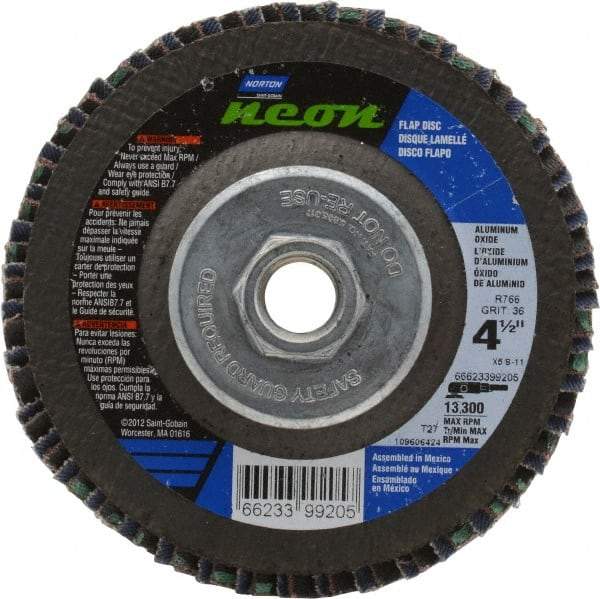 Norton - 36 Grit, 4-1/2" Disc Diam, 5/8-11 Center Hole, Type 27 Ceramic Alumina Flap Disc - 13,300 Max RPM, Polyester Backing, Arbor Attaching System, Coated - Industrial Tool & Supply