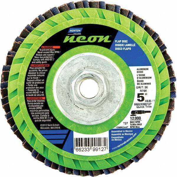 Norton - 60 Grit, 5" Disc Diam, 5/8-11 Center Hole, Type 27 Ceramic Alumina Flap Disc - 12,000 Max RPM, Polyester Backing, Arbor Attaching System, Coated - Industrial Tool & Supply