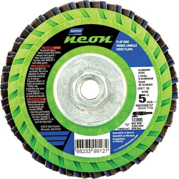 Norton - 40 Grit, 5" Disc Diam, 5/8-11 Center Hole, Type 27 Ceramic Alumina Flap Disc - 12,000 Max RPM, Polyester Backing, Arbor Attaching System, Coated - Industrial Tool & Supply