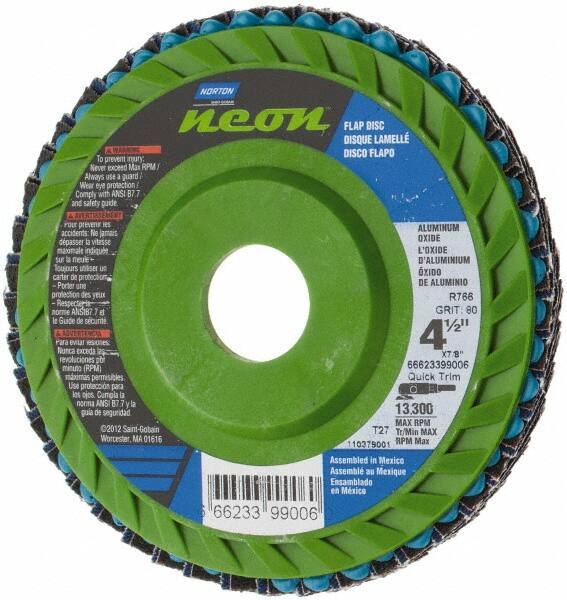 Norton - 80 Grit, 4-1/2" Disc Diam, 7/8" Center Hole, Type 27 Ceramic Alumina Flap Disc - 13,300 Max RPM, Polyester Backing, Arbor Attaching System, Coated - Industrial Tool & Supply