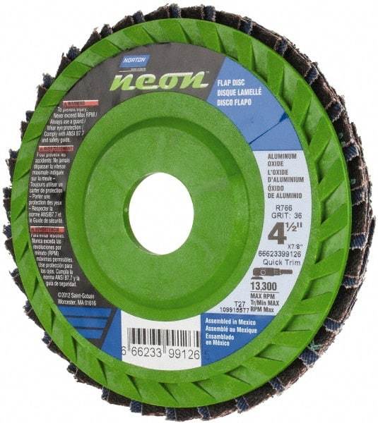 Norton - 36 Grit, 4-1/2" Disc Diam, 7/8" Center Hole, Type 27 Ceramic Alumina Flap Disc - 13,300 Max RPM, Polyester Backing, Arbor Attaching System, Coated - Industrial Tool & Supply