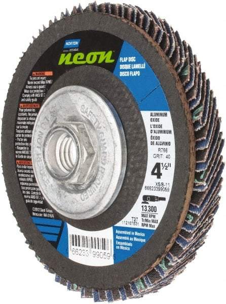 Norton - 40 Grit, 4-1/2" Disc Diam, 5/8-11 Center Hole, Type 27 Ceramic Alumina Flap Disc - 13,300 Max RPM, Polyester Backing, Arbor Attaching System, Coated - Industrial Tool & Supply