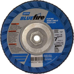 Norton - 36 Grit, 7" Disc Diam, 5/8-11 Center Hole, Type 27 Zirconia Alumina Flap Disc - 8,600 Max RPM, Cloth Backing, Arbor Attaching System, Coated - Industrial Tool & Supply