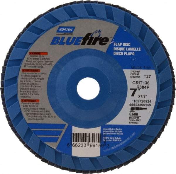 Norton - 36 Grit, 7" Disc Diam, 7/8" Center Hole, Type 27 Zirconia Alumina Flap Disc - 8,600 Max RPM, Cloth Backing, Arbor Attaching System, Coated - Industrial Tool & Supply