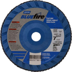 Norton - 36 Grit, 7" Disc Diam, 7/8" Center Hole, Type 27 Zirconia Alumina Flap Disc - 8,600 Max RPM, Cloth Backing, Arbor Attaching System, Coated - Industrial Tool & Supply