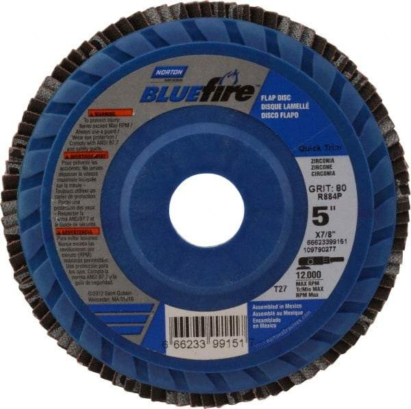 Norton - 80 Grit, 5" Disc Diam, 7/8" Center Hole, Type 27 Zirconia Alumina Flap Disc - 12,000 Max RPM, Cloth Backing, Arbor Attaching System, Coated - Industrial Tool & Supply