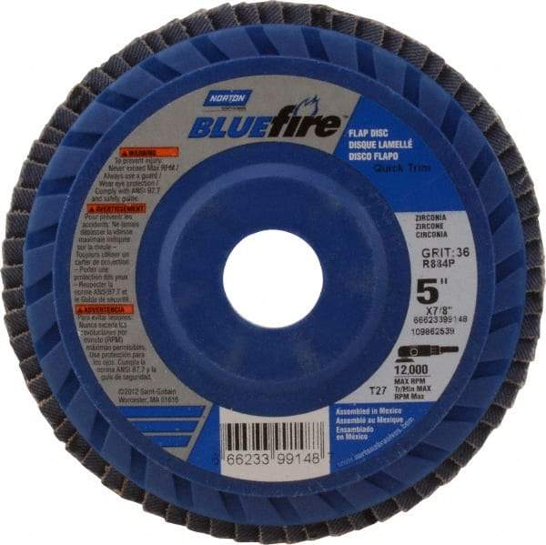 Norton - 36 Grit, 5" Disc Diam, 7/8" Center Hole, Type 27 Zirconia Alumina Flap Disc - 12,000 Max RPM, Cloth Backing, Arbor Attaching System, Coated - Industrial Tool & Supply