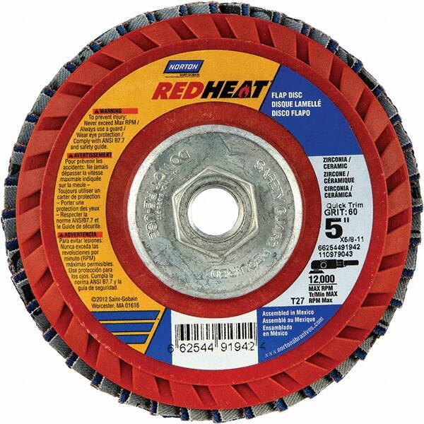 Norton - 40 Grit, 5" Disc Diam, 5/8-11 Center Hole, Type 27 Ceramic Alumina Flap Disc - 12,000 Max RPM, Cloth Backing, Arbor Attaching System, Coated - Industrial Tool & Supply