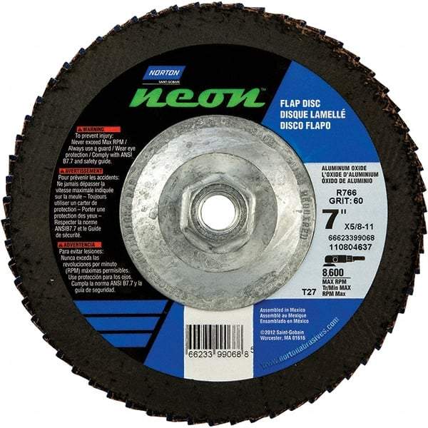 Norton - 36 Grit, 7" Disc Diam, 5/8-11 Center Hole, Type 27 Ceramic Alumina Flap Disc - 8,600 Max RPM, Polyester Backing, Arbor Attaching System, Coated - Industrial Tool & Supply