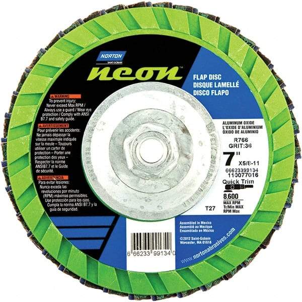Norton - 40 Grit, 7" Disc Diam, 5/8-11 Center Hole, Type 27 Ceramic Alumina Flap Disc - 8,600 Max RPM, Polyester Backing, Arbor Attaching System, Coated - Industrial Tool & Supply