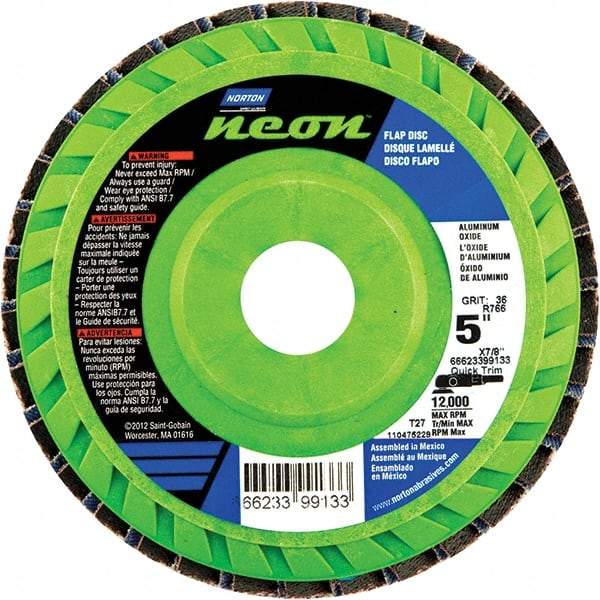 Norton - 120 Grit, 5" Disc Diam, 7/8" Center Hole, Type 27 Ceramic Alumina Flap Disc - 12,000 Max RPM, Polyester Backing, Arbor Attaching System, Coated - Industrial Tool & Supply