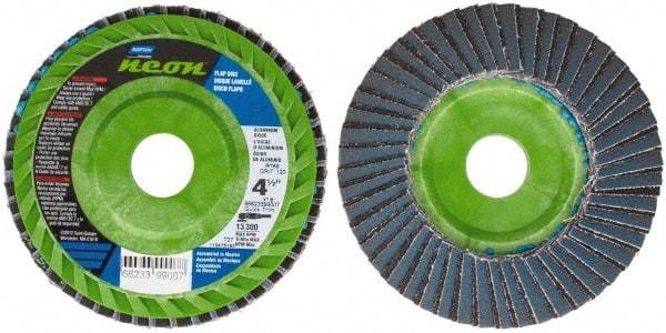 Norton - 120 Grit, 4-1/2" Disc Diam, 7/8" Center Hole, Type 27 Ceramic Alumina Flap Disc - 13,300 Max RPM, Polyester Backing, Arbor Attaching System, Coated - Industrial Tool & Supply