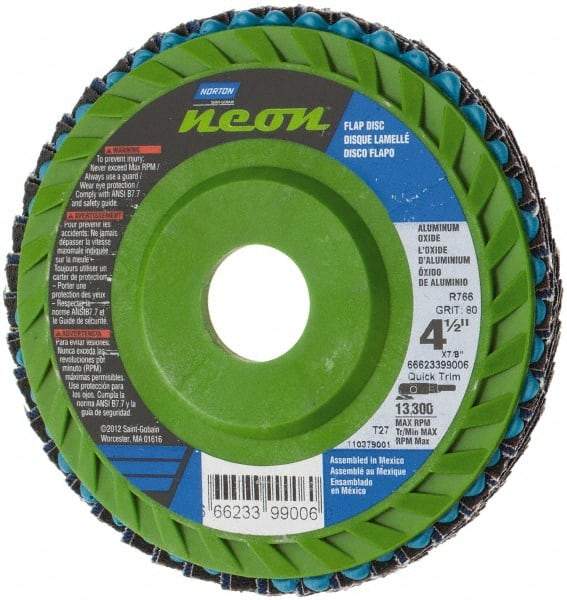 Norton - 80 Grit, 4-1/2" Disc Diam, 7/8" Center Hole, Type 27 Ceramic Alumina Flap Disc - 13,300 Max RPM, Polyester Backing, Arbor Attaching System, Coated - Industrial Tool & Supply