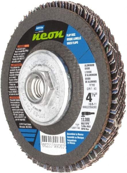 Norton - 60 Grit, 4-1/2" Disc Diam, 5/8-11 Center Hole, Type 27 Ceramic Alumina Flap Disc - 13,300 Max RPM, Polyester Backing, Arbor Attaching System, Coated - Industrial Tool & Supply