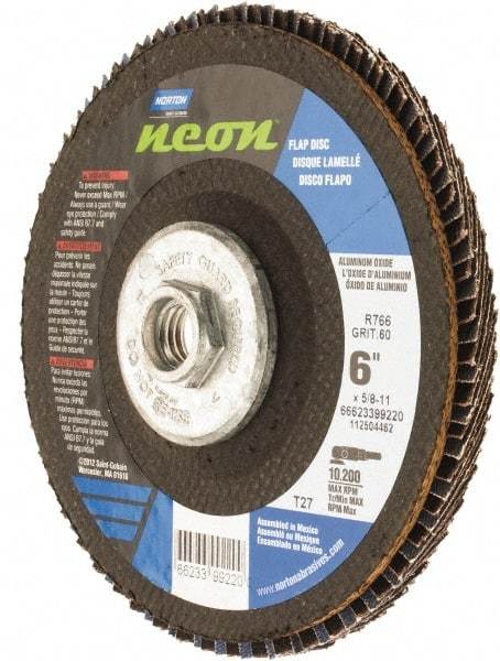 Norton - 60 Grit, 6" Disc Diam, 5/8-11 Center Hole, Type 27 Ceramic Alumina Flap Disc - 10,200 Max RPM, Polyester Backing, Arbor Attaching System, Coated - Industrial Tool & Supply