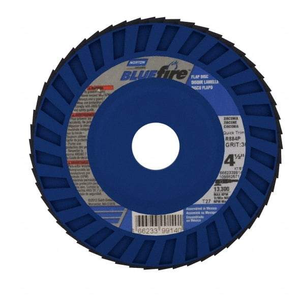 Norton - 36 Grit, 4-1/2" Disc Diam, 7/8" Center Hole, Type 27 Zirconia Alumina Flap Disc - 13,300 Max RPM, Cloth Backing, Arbor Attaching System, Coated - Industrial Tool & Supply