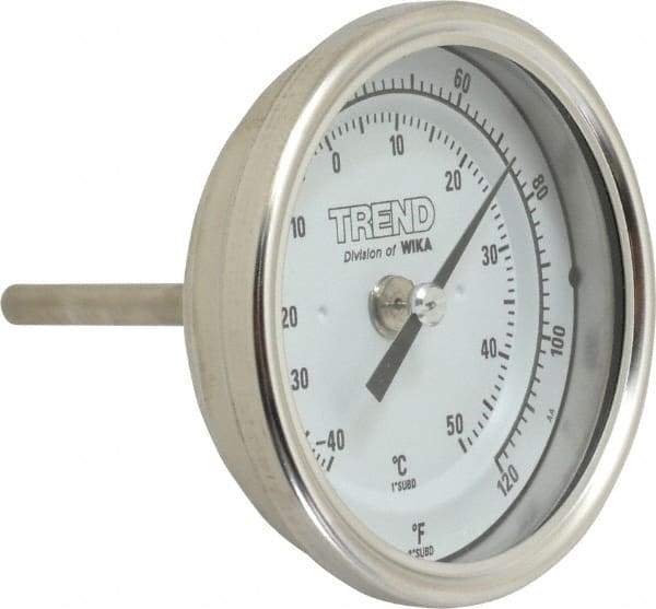 Wika - 2-1/2 Inch Long Stem, 3 Inch Dial Diameter, Stainless Steel, Back Connected Bi-Metal Thermometer - -40 to 50°C, 1% Accuracy - Industrial Tool & Supply