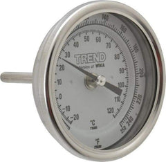 Wika - 2-1/2 Inch Long Stem, 3 Inch Dial Diameter, Stainless Steel, Back Connected Bi-Metal Thermometer - -20 to 120°C, 1% Accuracy - Industrial Tool & Supply